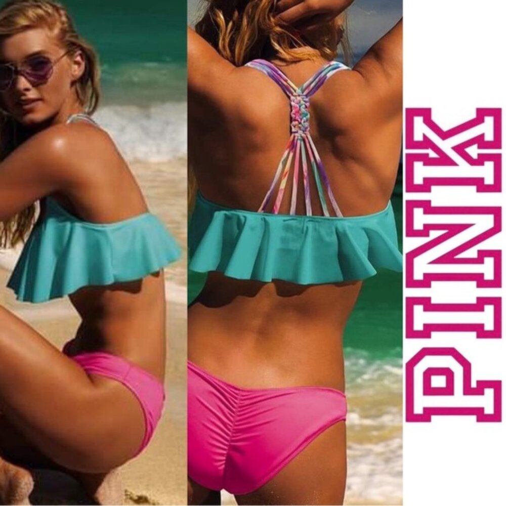 Victoria’s Secret PINK | Aqua Tie dye Racerback Flounce Bikini Top | Size Medium
